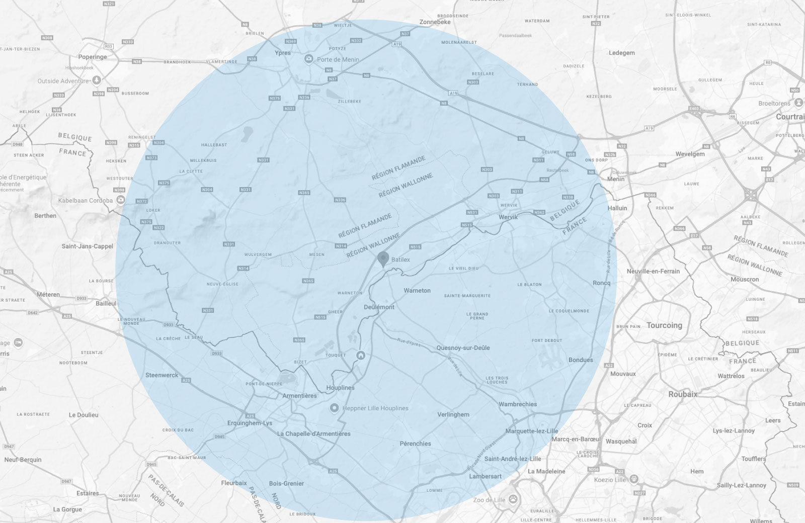 Carte des zones d'interventions de l'entreprise Batilex dans les hauts de france et la belgique