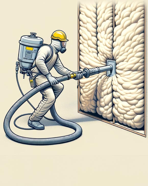 Employer en train d'insuffler de la ouate de cellulose dans un mur illustration