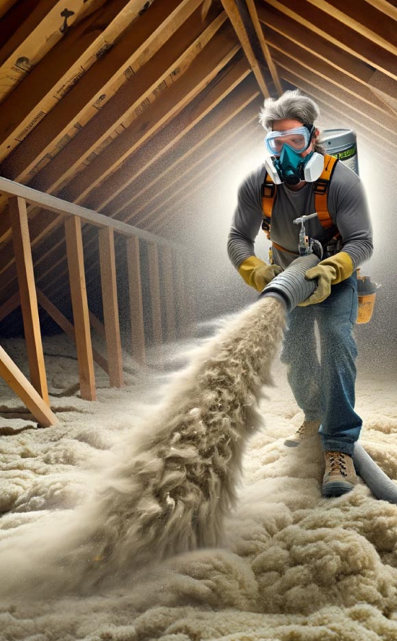 Ouvrier spécialisé dans le souflage de ouate de cellulose en cours de pulvérisation dans un grenier