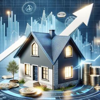 Illustration maison 3d sur un fond bleu illustrant l'augmentation immobilière pour faire suite à l'isolation des combles